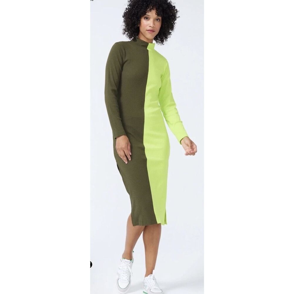 Terez Mock Neck Rib Dress in Uniform Green and Acid Lime Midi Dress Size XL